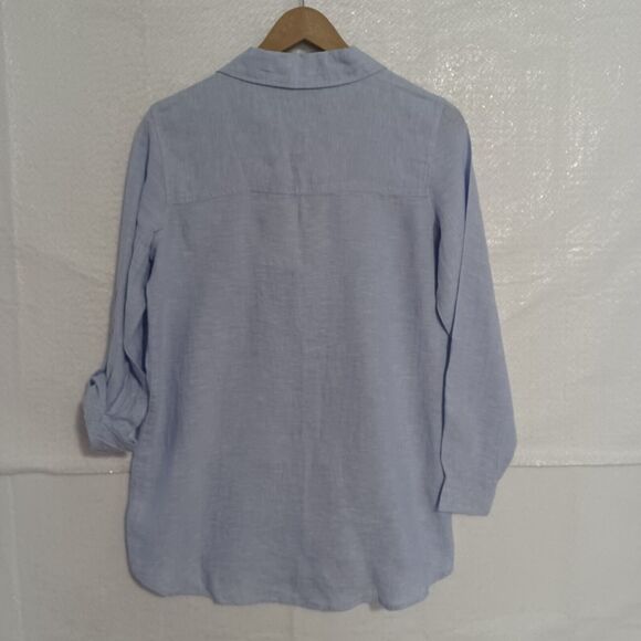 Sigrid Olsen LINEN Top Size S Blue Button Front Tunic Roll Sleeves Washable NEW - Picture 2 of 9
